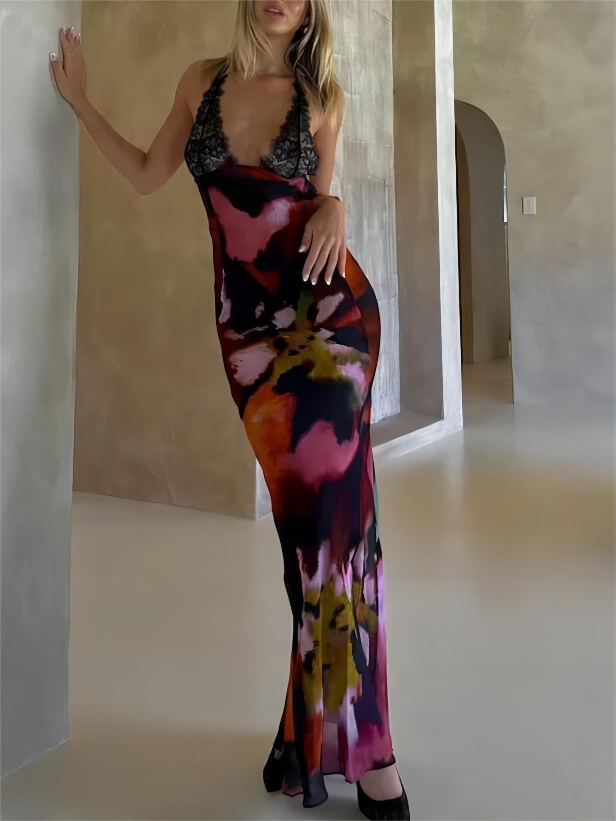 Sexy Deep V Lace Patchwork Printed Auspender Maxi Dress - Fashionpara