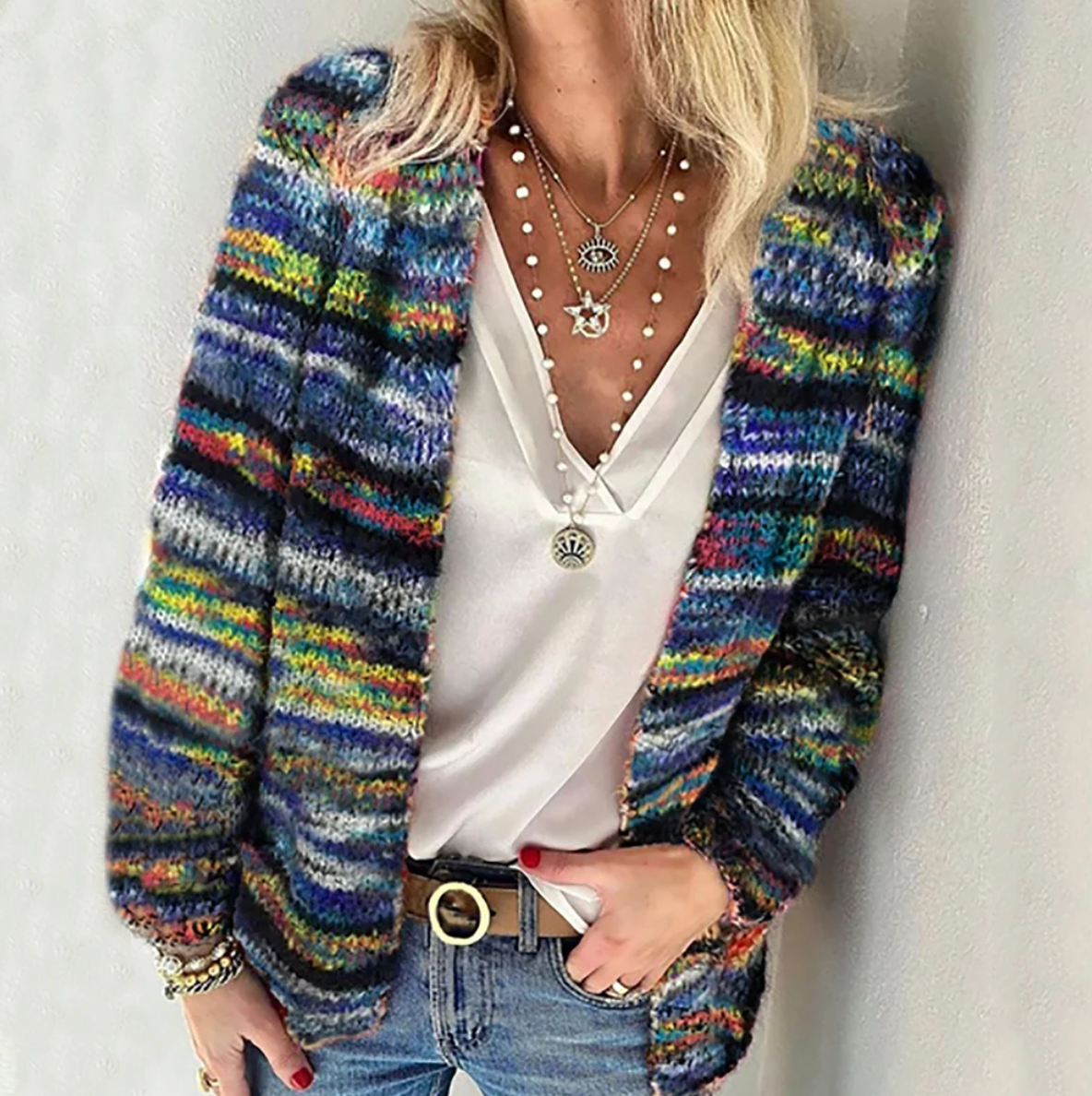 Striped Open Front Chunky Knit Cardigan 2
