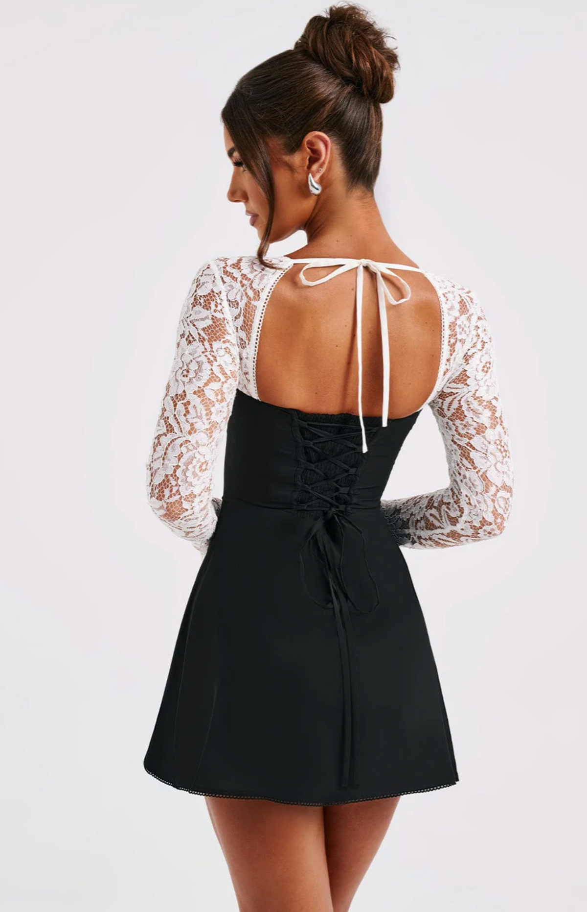 Anina - Tie - Up Lace Sleeves Mini Dress - View 4