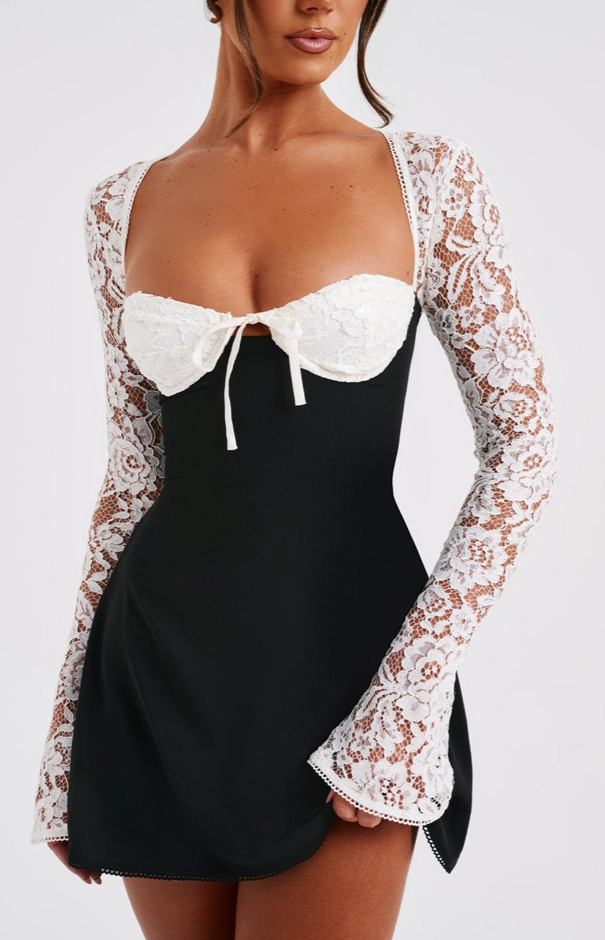 Anina - Tie - Up Lace Sleeves Mini Dress - View 6