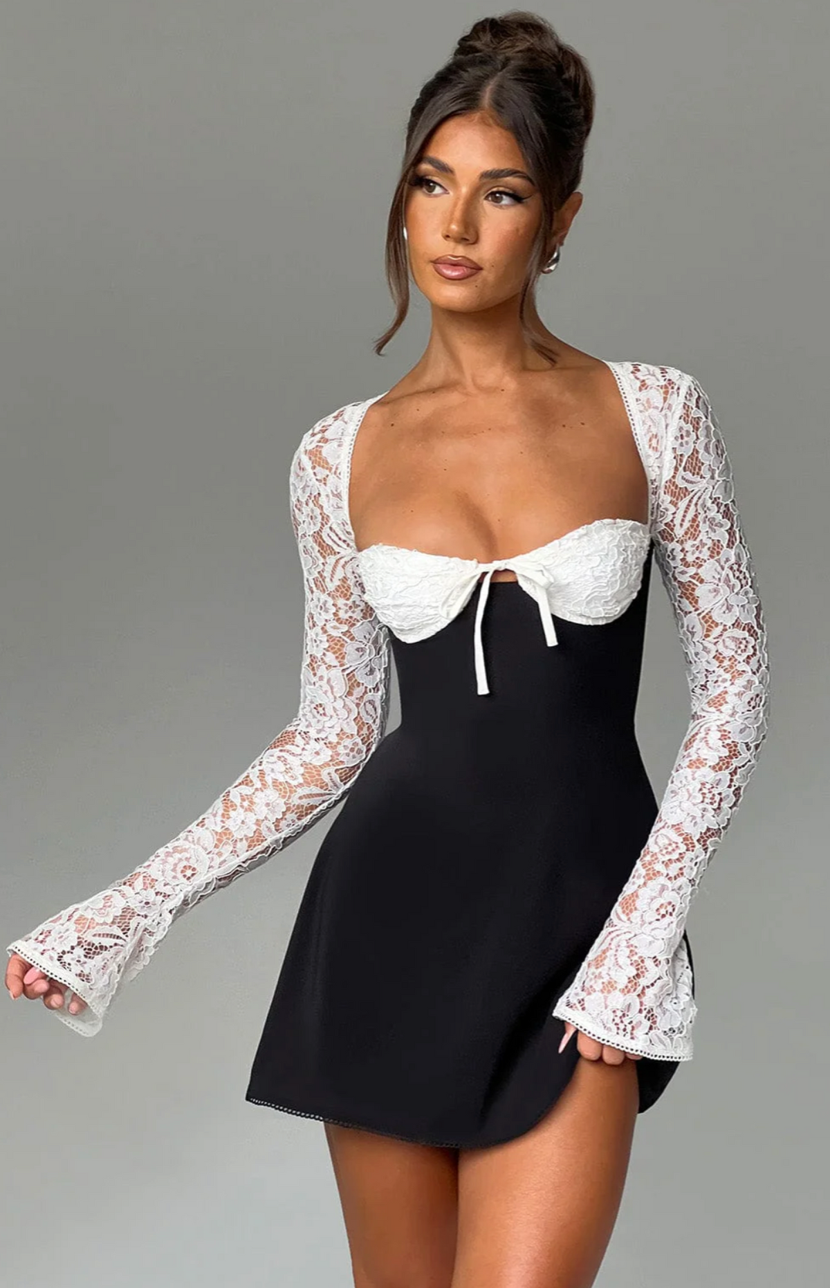 Anina - Tie - Up Lace Sleeves Mini Dress - View 7