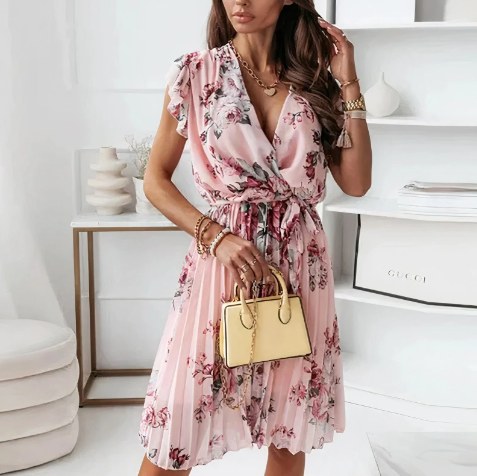 Surplice V-Neck Flutter Sleeve Tie Belt Accordion Pleat Midi Dress