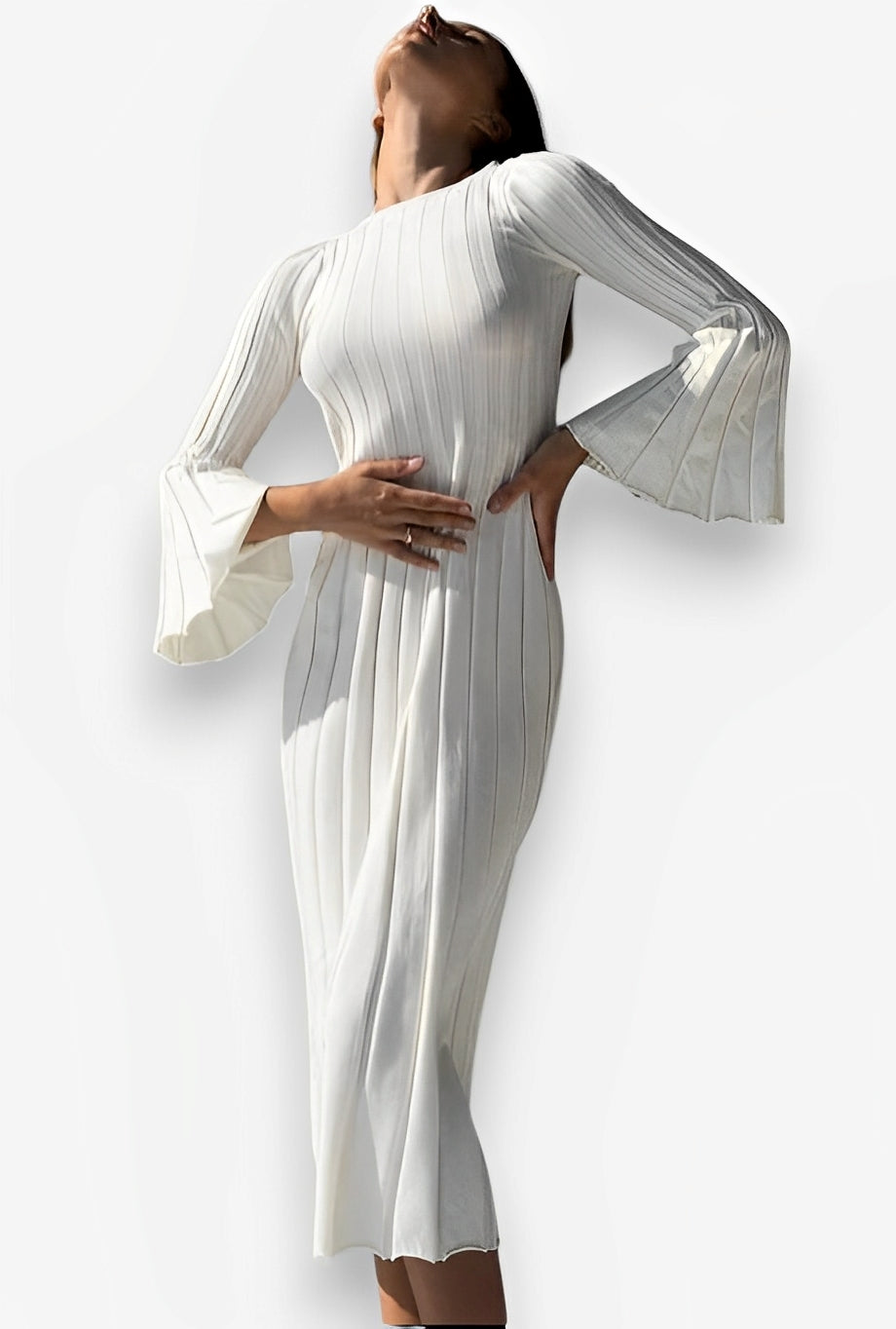 Pleated Round Neck Flare Sleeve Bodycon Midi Dress