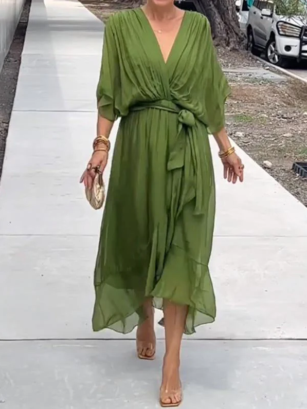 Pleated Chiffon Wrap V-Neck Kimono Sleeve Tie Waist Ruffle Maxi Dress - View 3