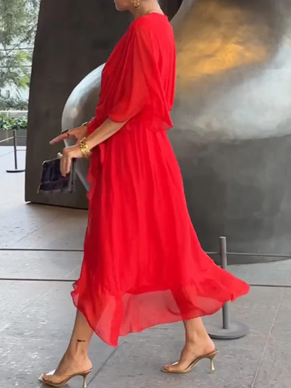 Pleated Chiffon Wrap V-Neck Kimono Sleeve Tie Waist Ruffle Maxi Dress - View 13