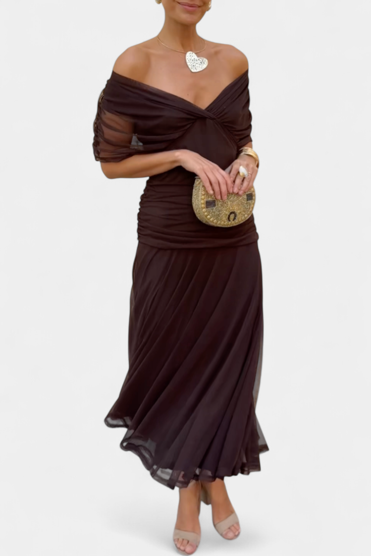 Deep V-Neck Ruched Draped Mesh Midi Dress 7