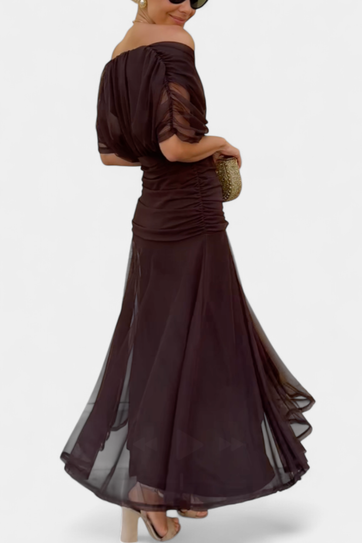 Deep V-Neck Ruched Draped Mesh Midi Dress 8