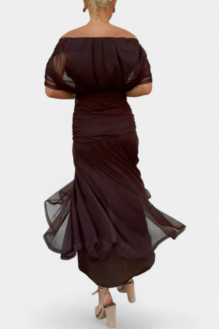 Deep V-Neck Ruched Draped Mesh Midi Dress 9