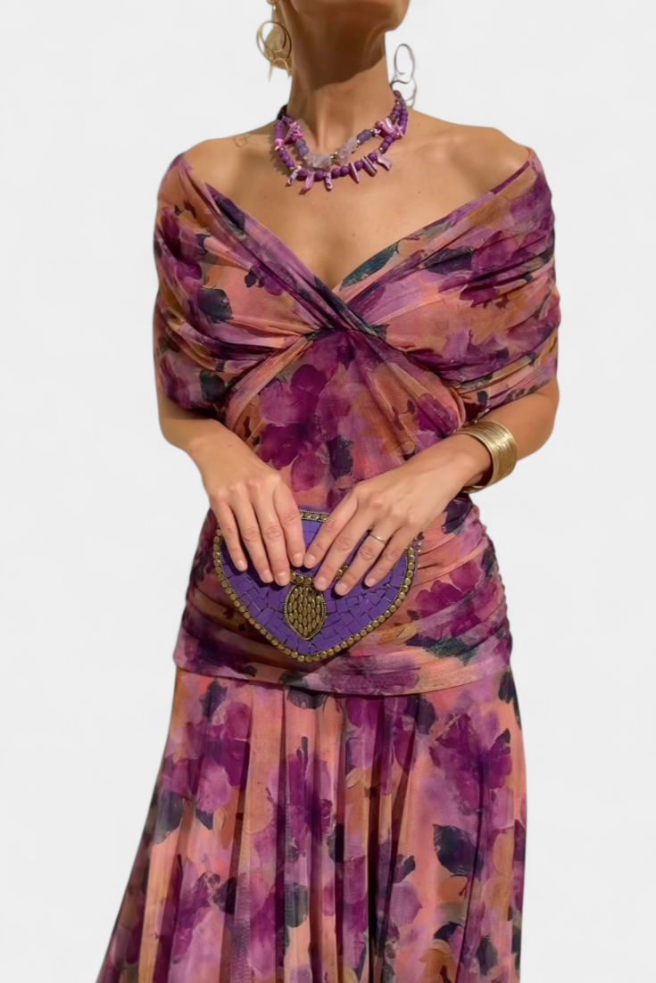 Deep V-Neck Ruched Draped Mesh Midi Dress 2