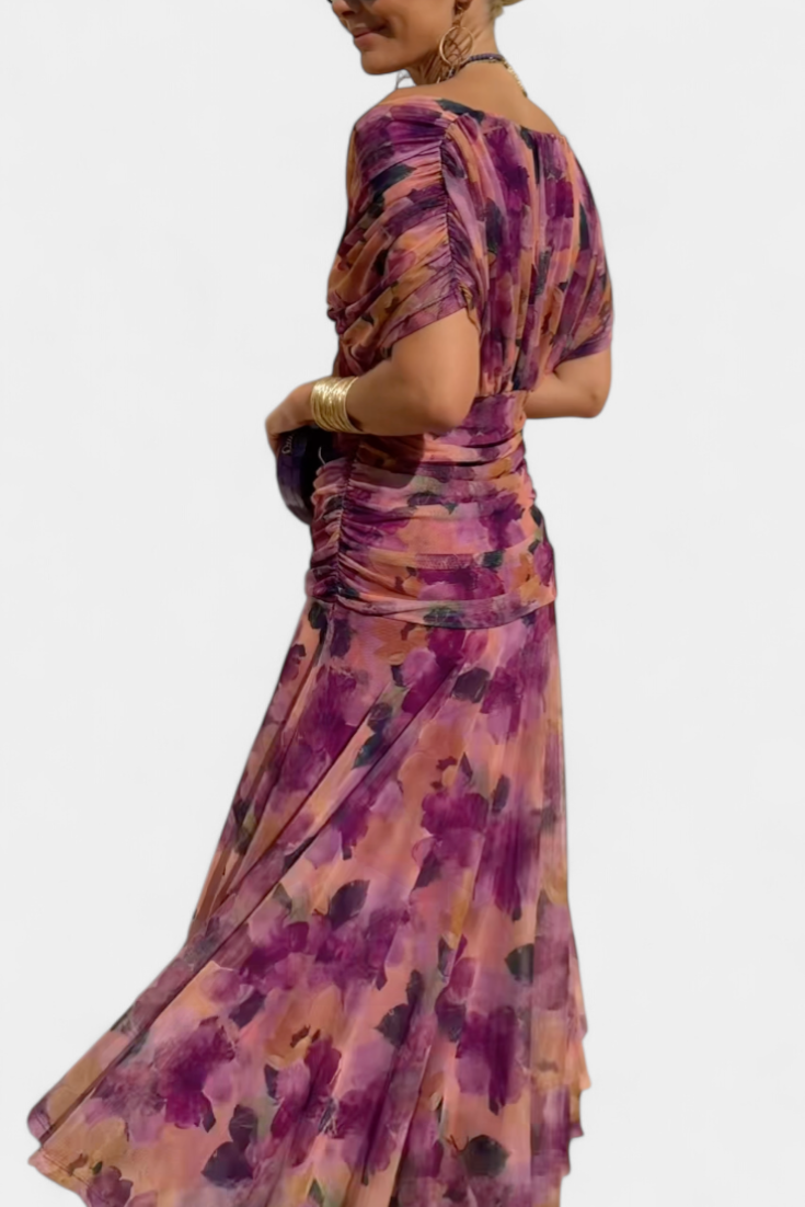 Deep V-Neck Ruched Draped Mesh Midi Dress 5