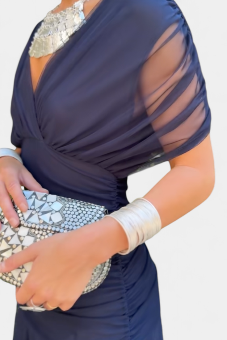 Deep V-Neck Ruched Draped Mesh Midi Dress 15