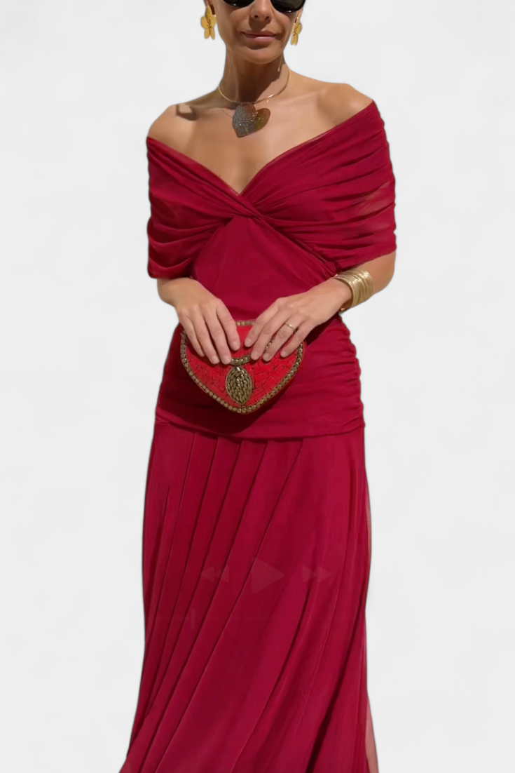 Deep V-Neck Ruched Draped Mesh Midi Dress 11