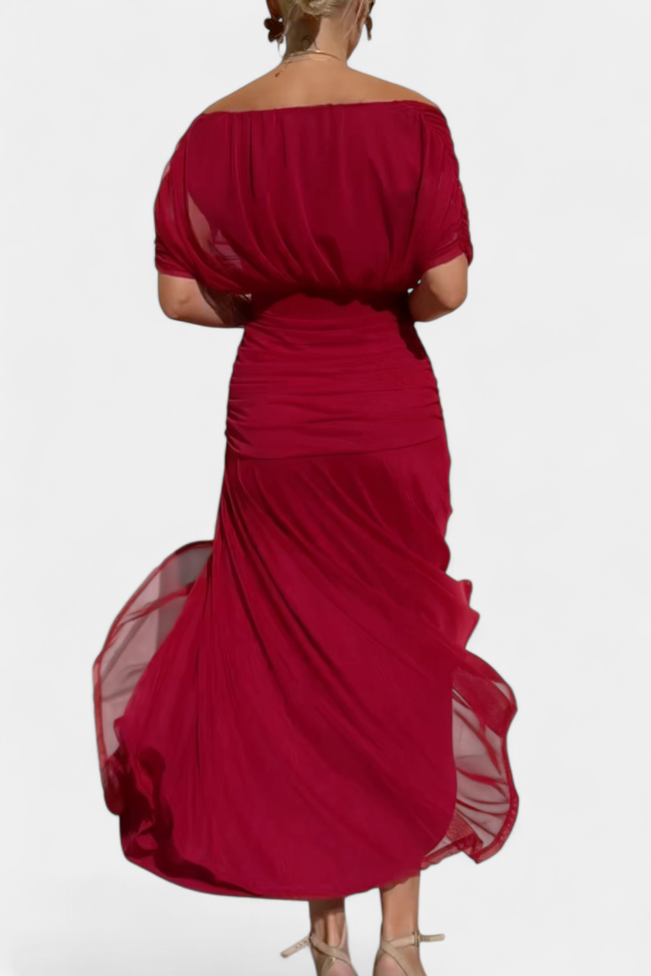 Deep V-Neck Ruched Draped Mesh Midi Dress 12