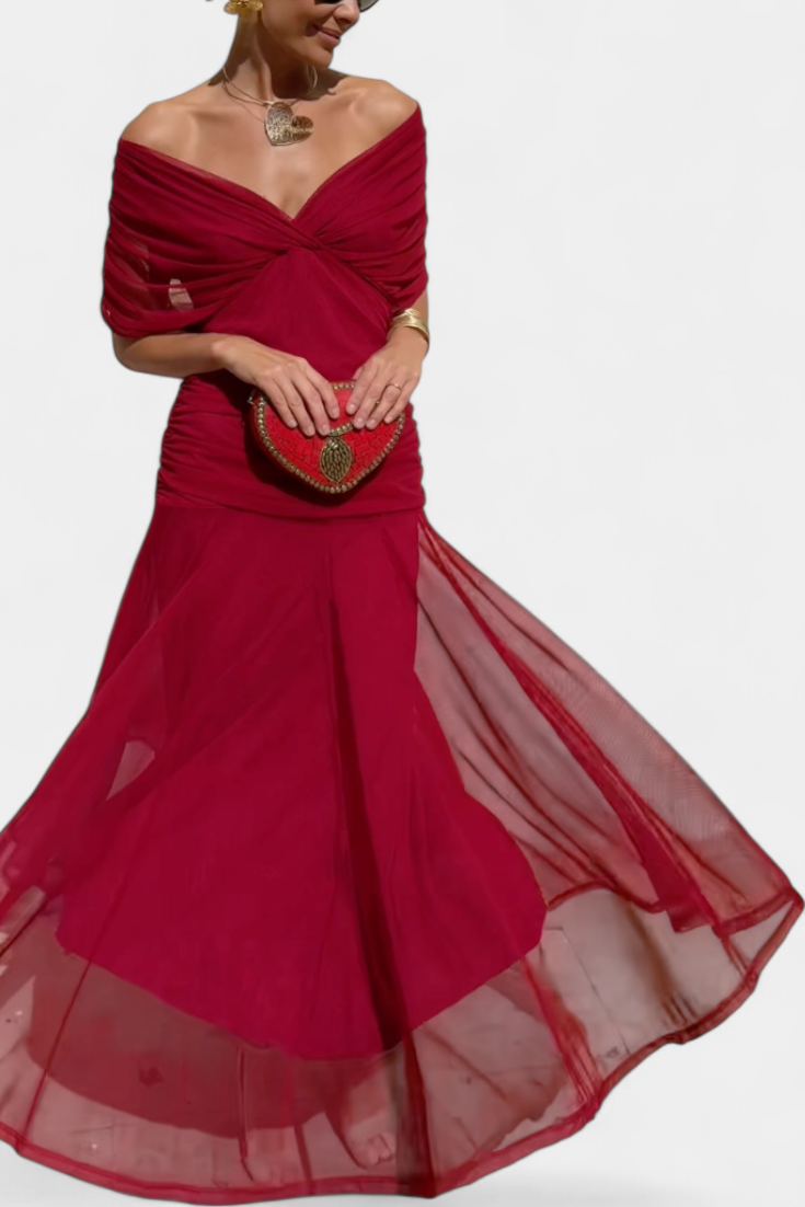 Deep V-Neck Ruched Draped Mesh Midi Dress 13