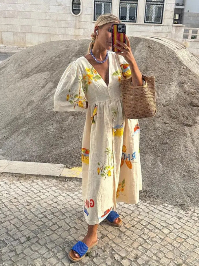 Tropical Graphic Print Deep V-Neck Button Front Midi Dress - View 2