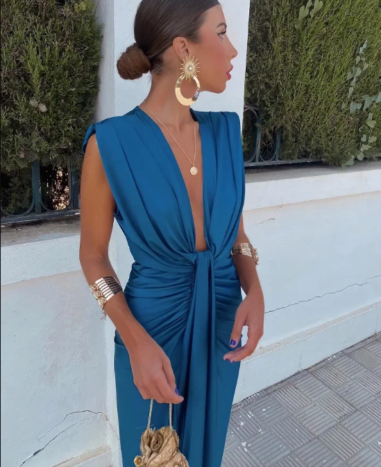Satin Deep V-Neck Cap Sleeve Knot Front Bodycon Midi Party Dress - View 4