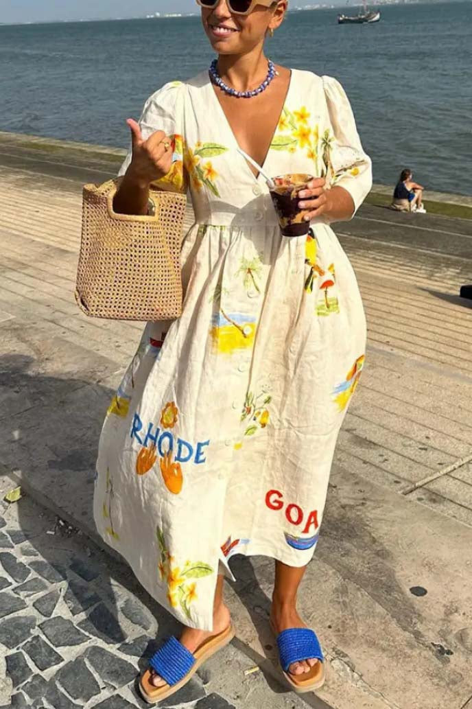 Tropical Graphic Print Deep V-Neck Button Front Midi Dress - View 4