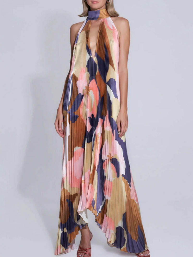 Halter Neck Deep V Pleated Flowy Maxi Dress - View 2