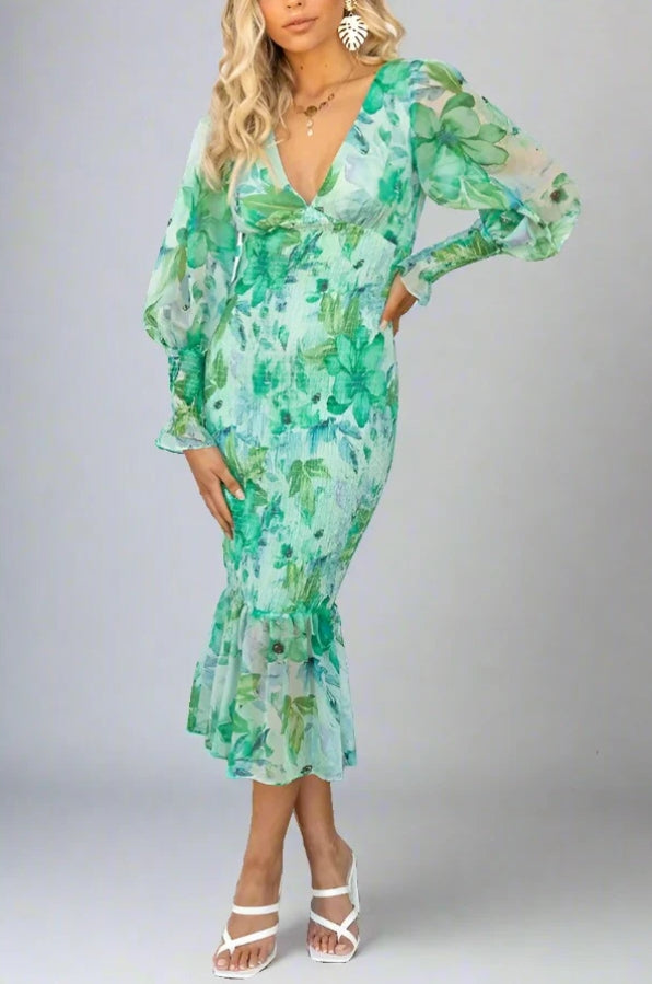 Floral Chiffon Deep V-Neck Long Sleeve Mermaid Midi Dress