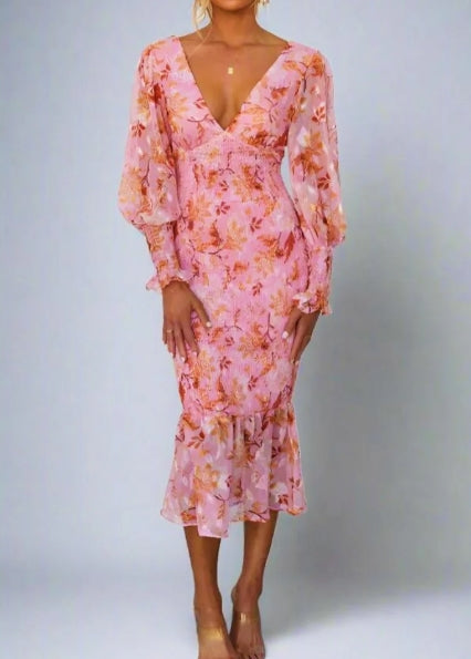 Floral Deep V-Neck Long Sleeve Mermaid Midi Dress - View 2