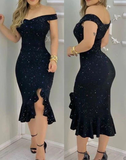 Off Shoulder Floral Print High Split Ruffle Hem Bodycon Midi Dress - View 3