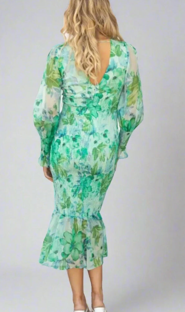Floral Deep V-Neck Long Sleeve Mermaid Midi Dress - View 3