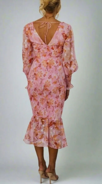Floral Deep V-Neck Long Sleeve Mermaid Midi Dress - View 4