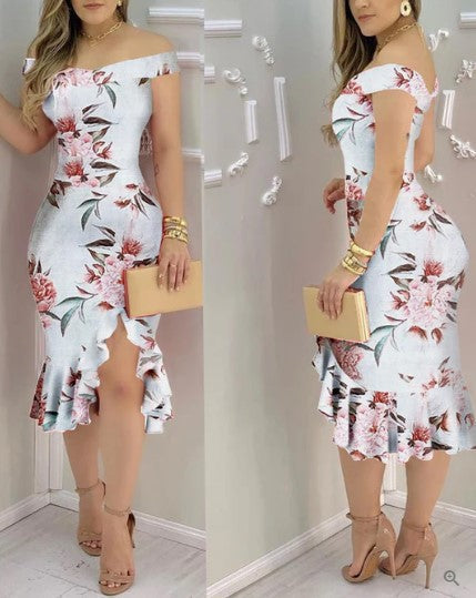 Off Shoulder Floral Print High Split Ruffle Hem Bodycon Midi Dress
