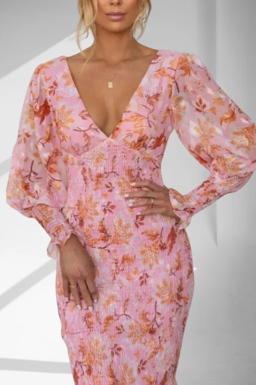 Floral Deep V-Neck Long Sleeve Mermaid Midi Dress - View 5