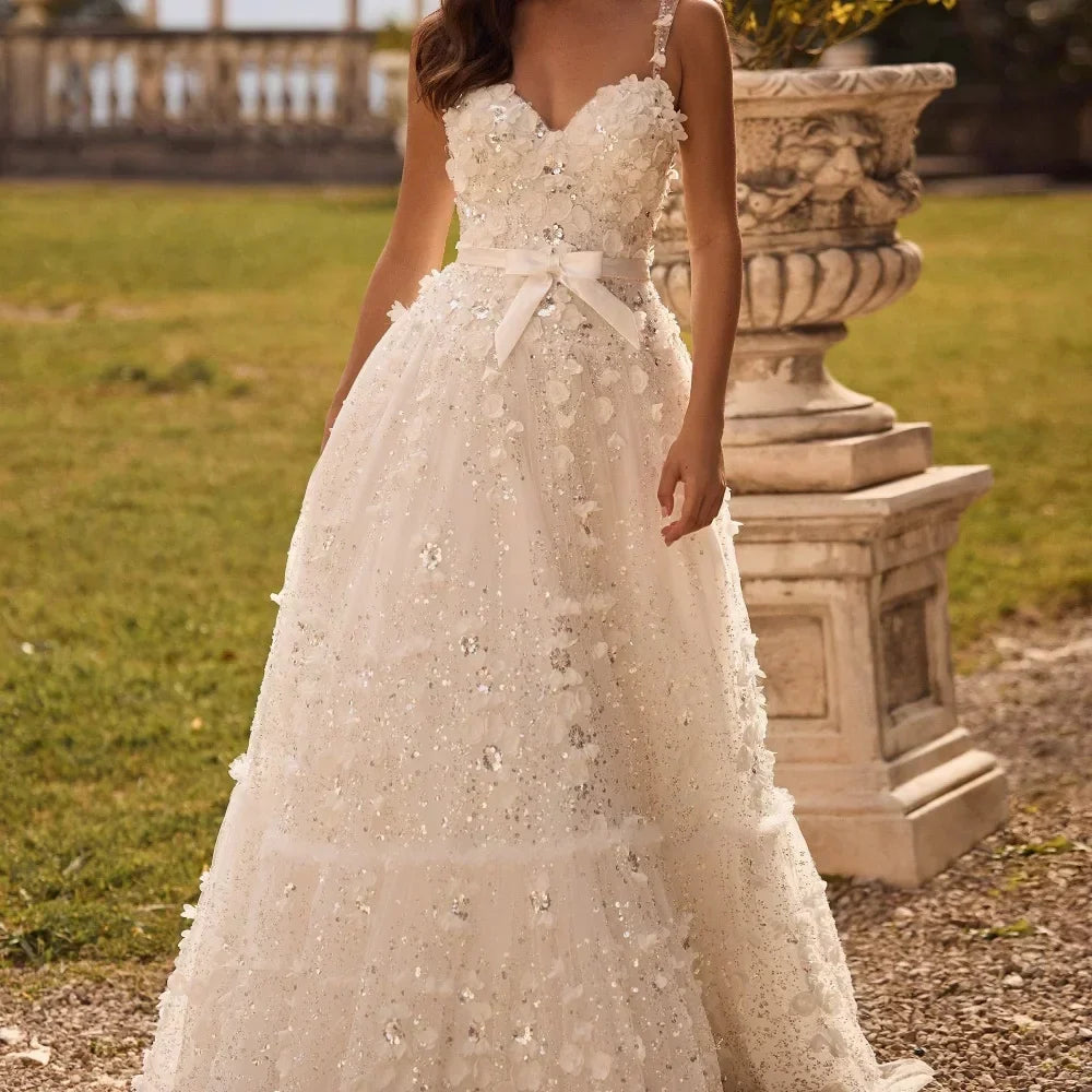 Floral Applique Beaded Sweetheart A-Line Tulle Prom Gown