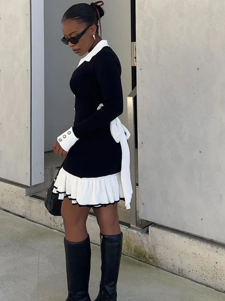 Ruffled Contrast Bow Open Back Lace - Up Knit Mini Dress - View 12