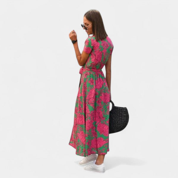 Floral V-Neck Short Sleeve Belted Wrap High Low Midi Dress 3