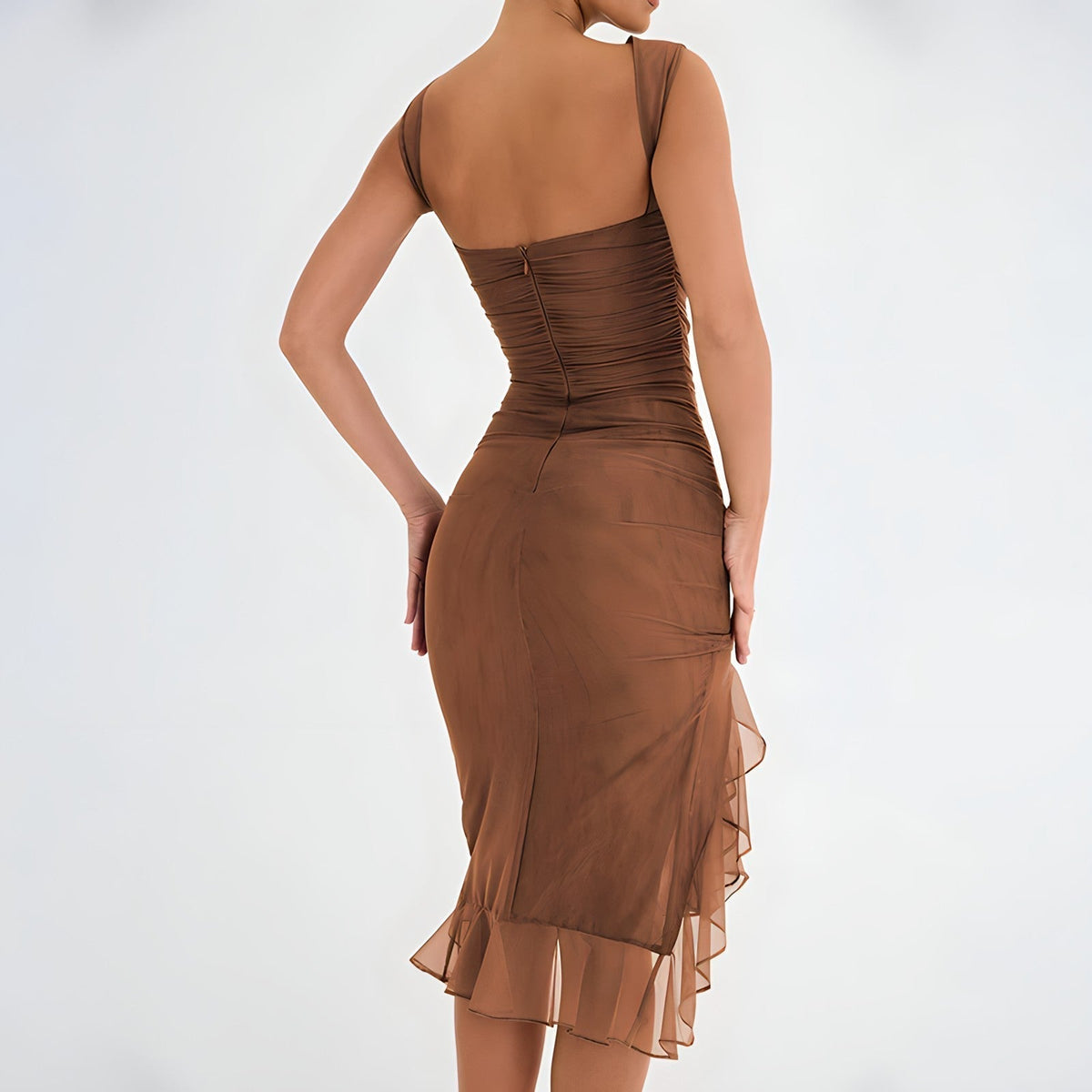 Ruched Crew Neck Sleeveless High Low Ruffle Hem Midi Dress - View 16