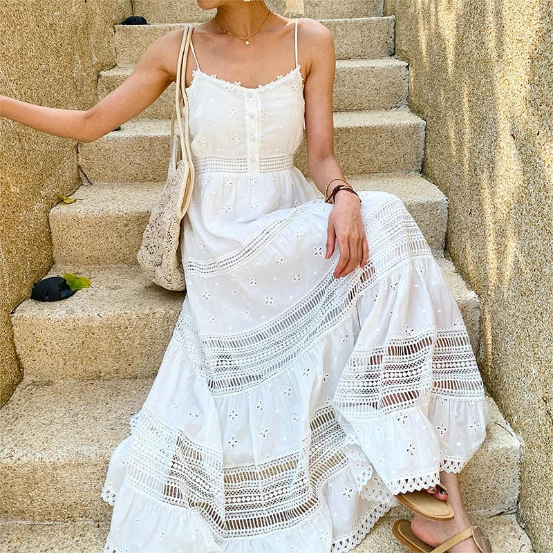 Sleeveless Back Elasticity White Cotton Boho Dress
