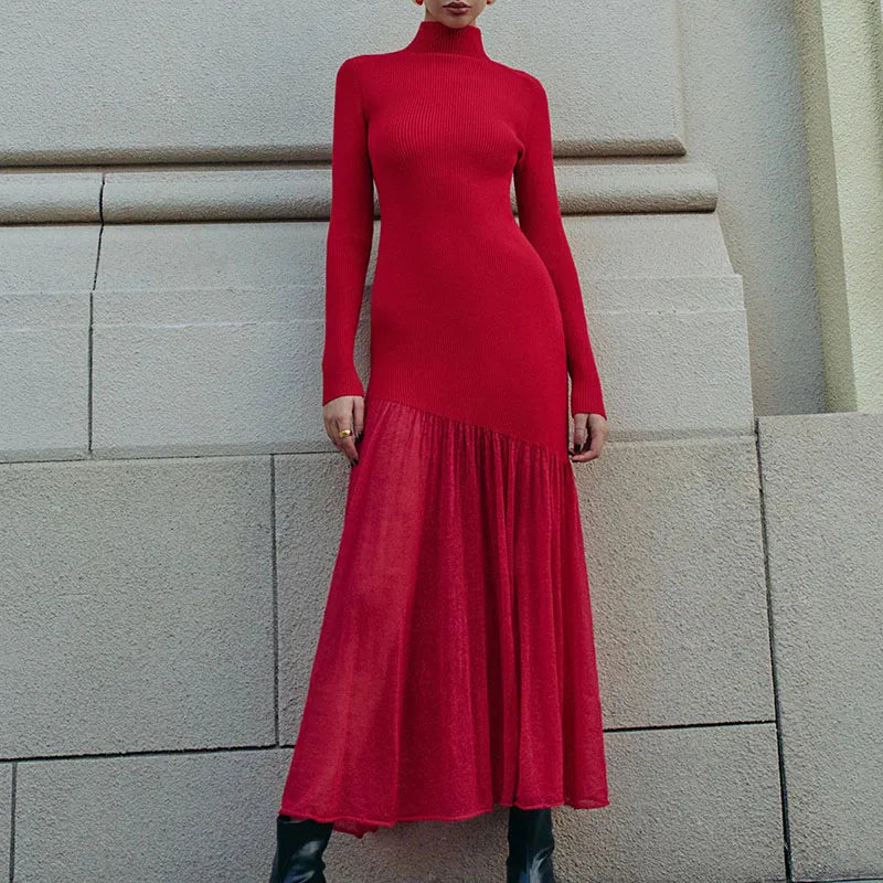 Elegant Fashionpara High Collar Knitted Maxi Dress for Fall