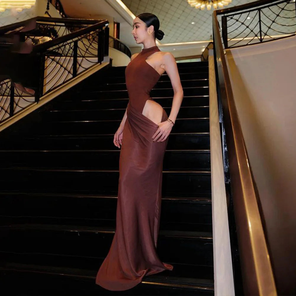 Halter Neck Sleeveless Ribbed Bodice Draped Waist Satin Maxi Gown - View 16