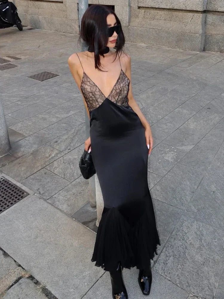 Satin Lace V-Neck Spaghetti Strap Slip Maxi Dress 3