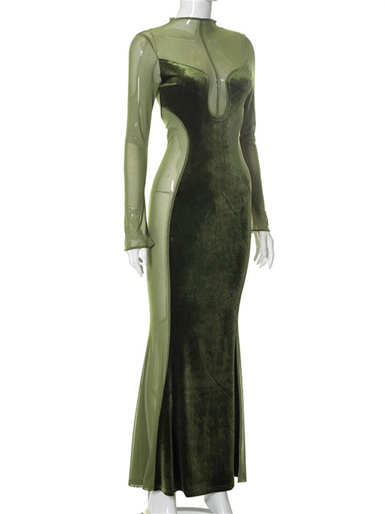 Velvet High Neck Long Sleeve Mesh Panel Mermaid Gown