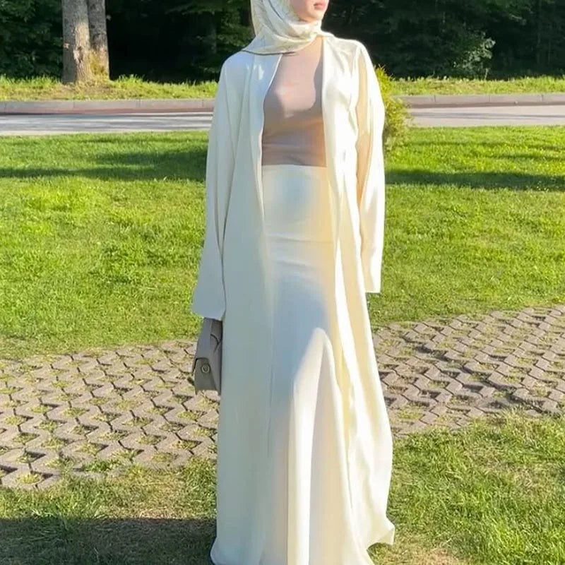 Elegant Women's V-neck Robe Coat and Skirt Set in Cotton Linen