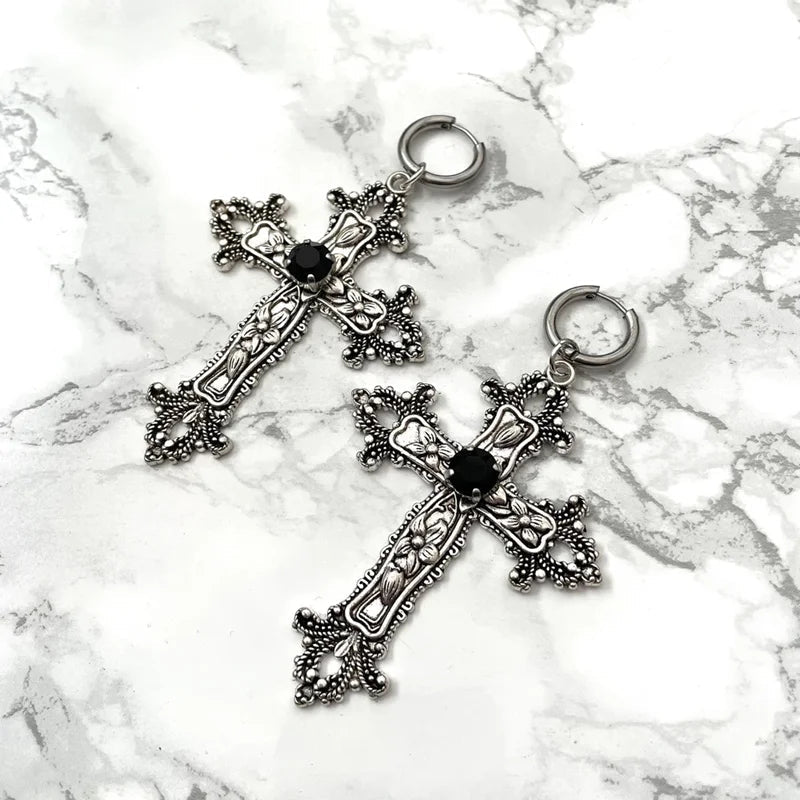 Dark Silver Gem Cross Marriage Declaration Earring