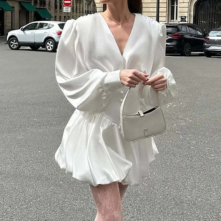 Deep V-Neck Puff Sleeve Corset Waist Bubble Skirt Mini Dress - View 9
