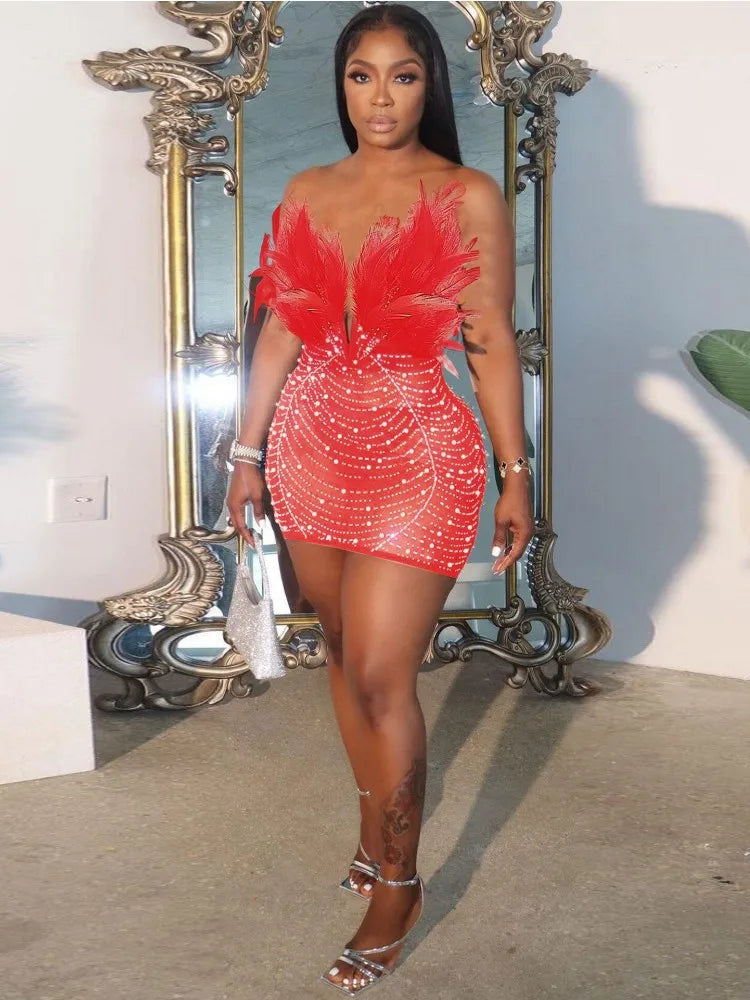 Feather Strapless V Neck Mesh Party Dress - Fashionpara