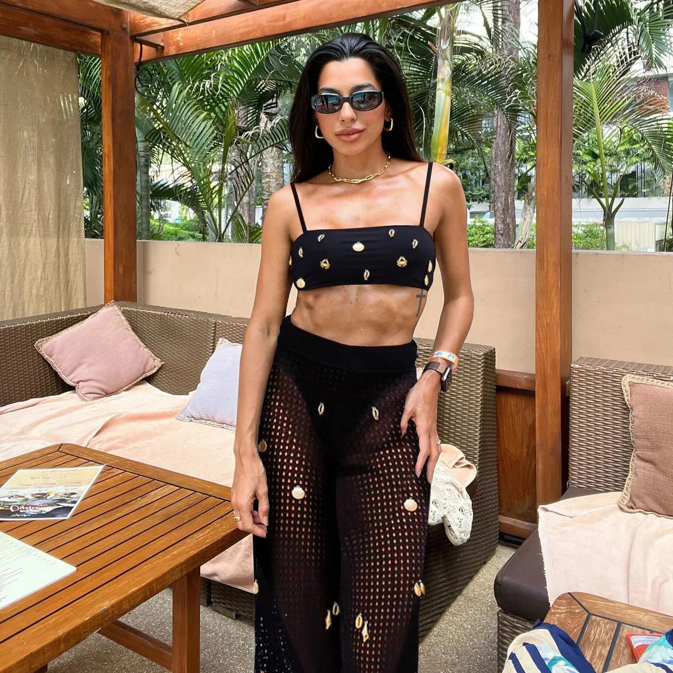 Crochet Pants One Shoulder Tassels Three Piece Swim Sets - Fashionpara