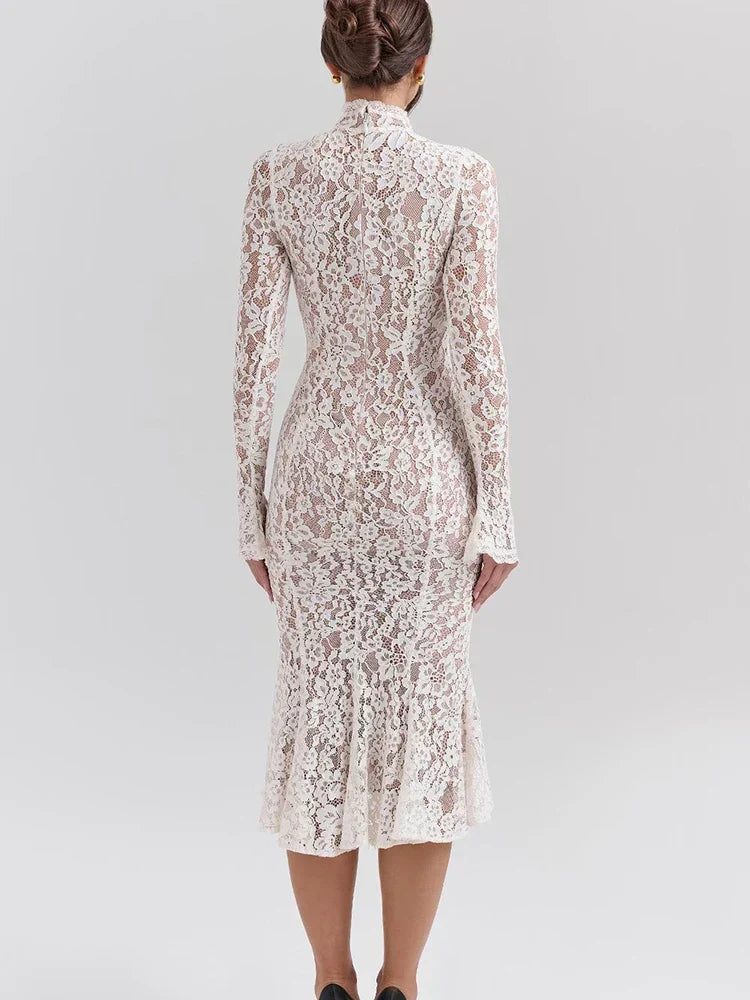 Lace White Long Sleeve Turtleneck Dress - View 5