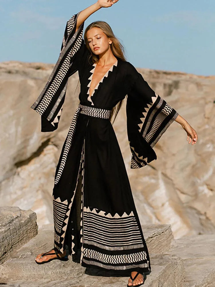 Contrast Color Long Sleeve Bikini Cover Up