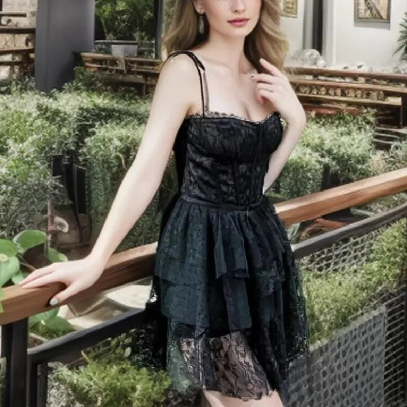 Mesh Bow Lacing up Black Mini Dress - View 3