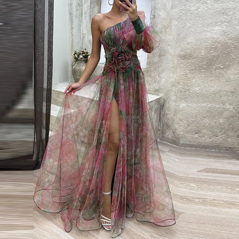 Floral One Shoulder Cut Out High Split Maxi Gown 3