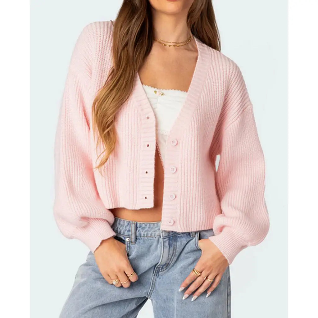 Crop Button V-neck Lantern Sleeve Cardigan