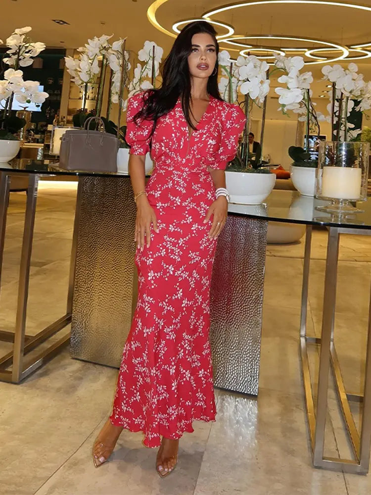 Floral Print Deep V-Neck Puff Sleeve Bodycon Midi Cocktail Dress - View 6
