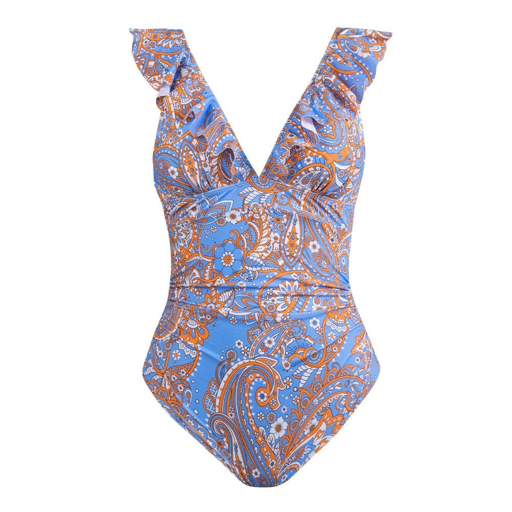 Ruffled V-neck Lace Up Monokini One Piece Set